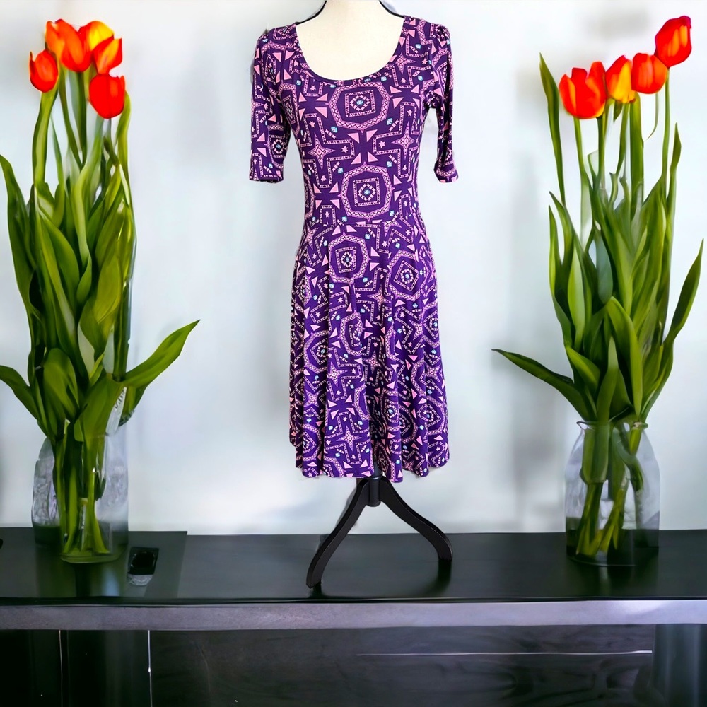 NEW Lula Roe Nicole Dress Short Sleeve Scoop Neck Flared Skirt Purple Pink Blue